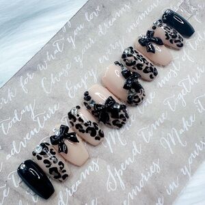 Cute Neutral & Black Animal Print with Bows Short Coffin Press On Nails